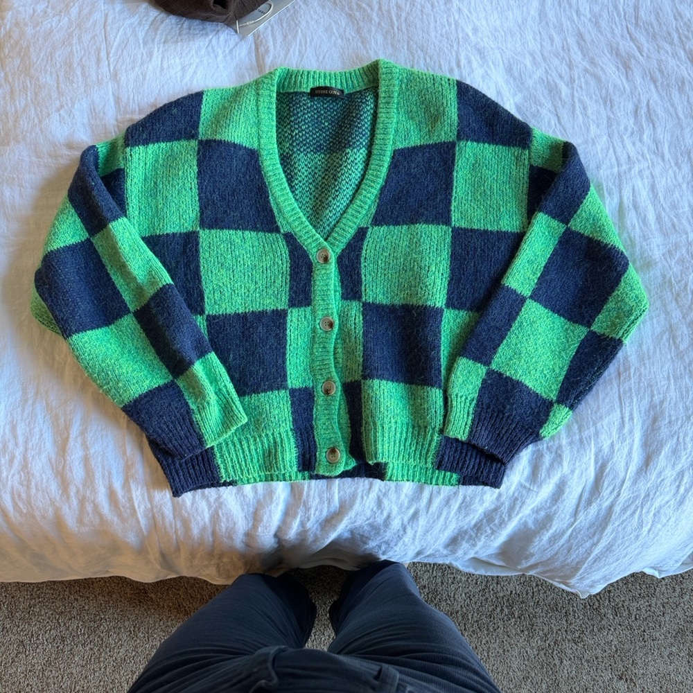 STINE GOYA Green and Black Checkered Cardigan